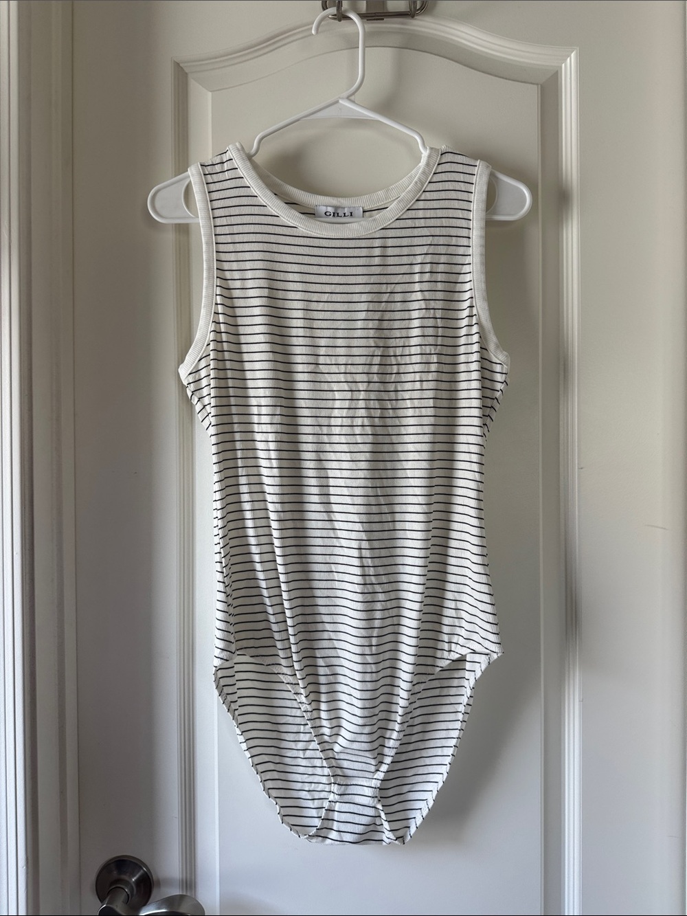 NWT Gilli White and Black Striped Sleeveless Ribbed Bodysuit / E26